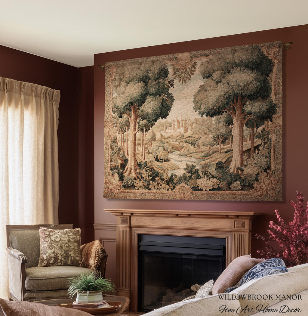 European Countryside Woven Tapestry French Verdure Art Scenic Wall Hanging | Romantic Classical Pastoral Scene Cozy Cotton Old World Decor