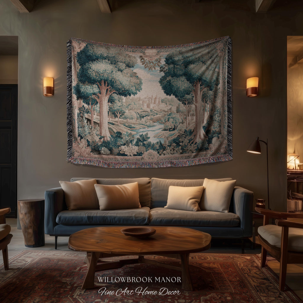 Quiet Elegance Scenic Vista Castle Tapestry Woven Wall Hanging | Historic Pastoral European Countryside Traditional Jacquard Throw Blanket