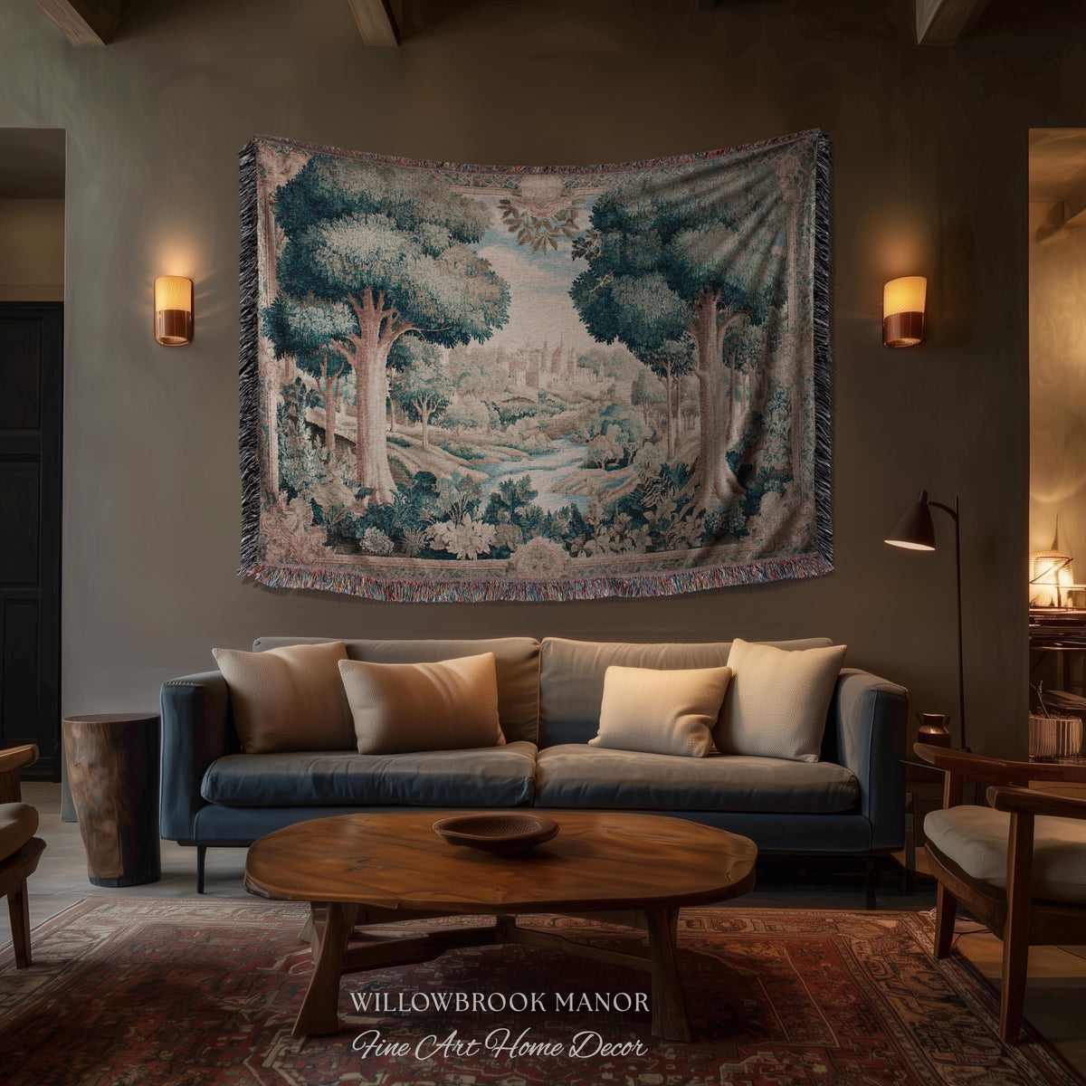 Quiet Elegance Scenic Vista Castle Tapestry Woven Wall Hanging | Historic Pastoral European Countryside Traditional Jacquard Throw Blanket