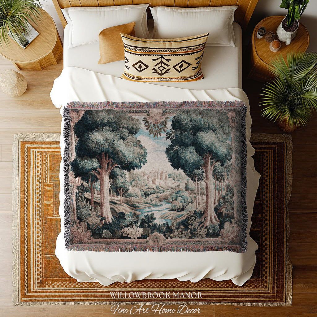 Quiet Elegance Scenic Vista Castle Tapestry Woven Wall Hanging | Historic Pastoral European Countryside Traditional Jacquard Throw Blanket