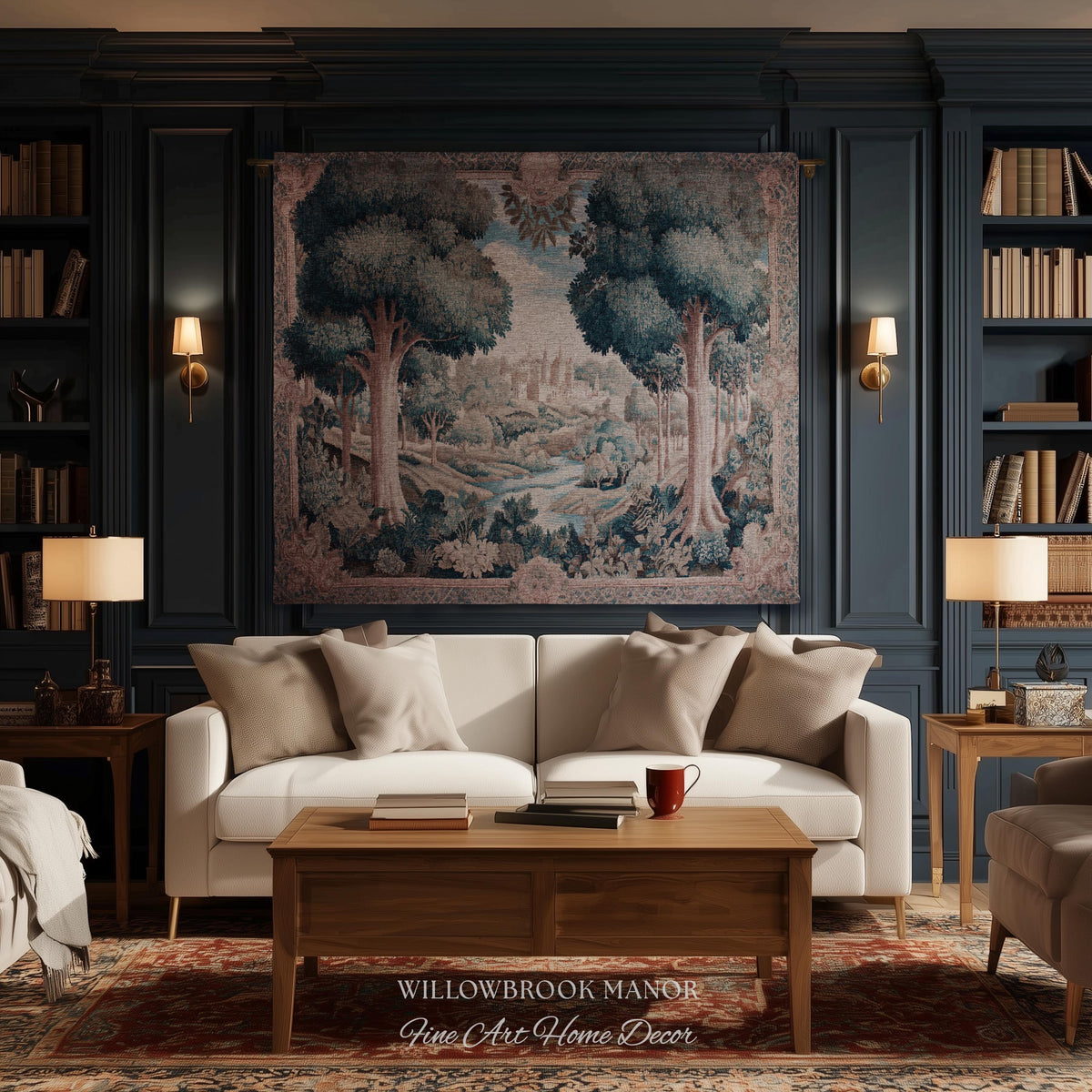 Quiet Elegance Scenic Vista Castle Tapestry Woven Wall Hanging | Historic Pastoral European Countryside Traditional Jacquard Throw Blanket