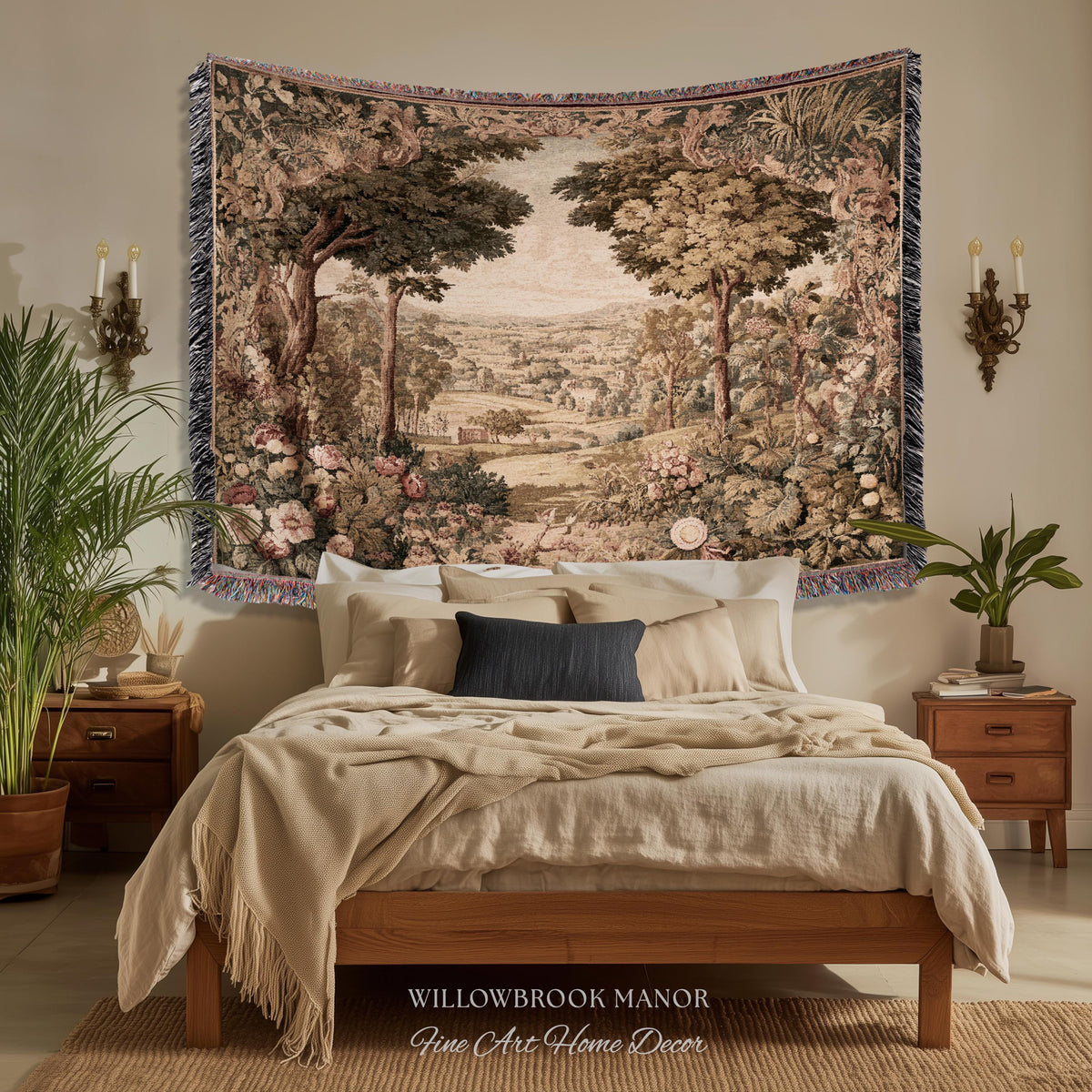 Traditional Romantic French Countryside Woven Tapestry Throw | European Art Timeless Heirloom Style Floral Meadow Landscape Classical Decor