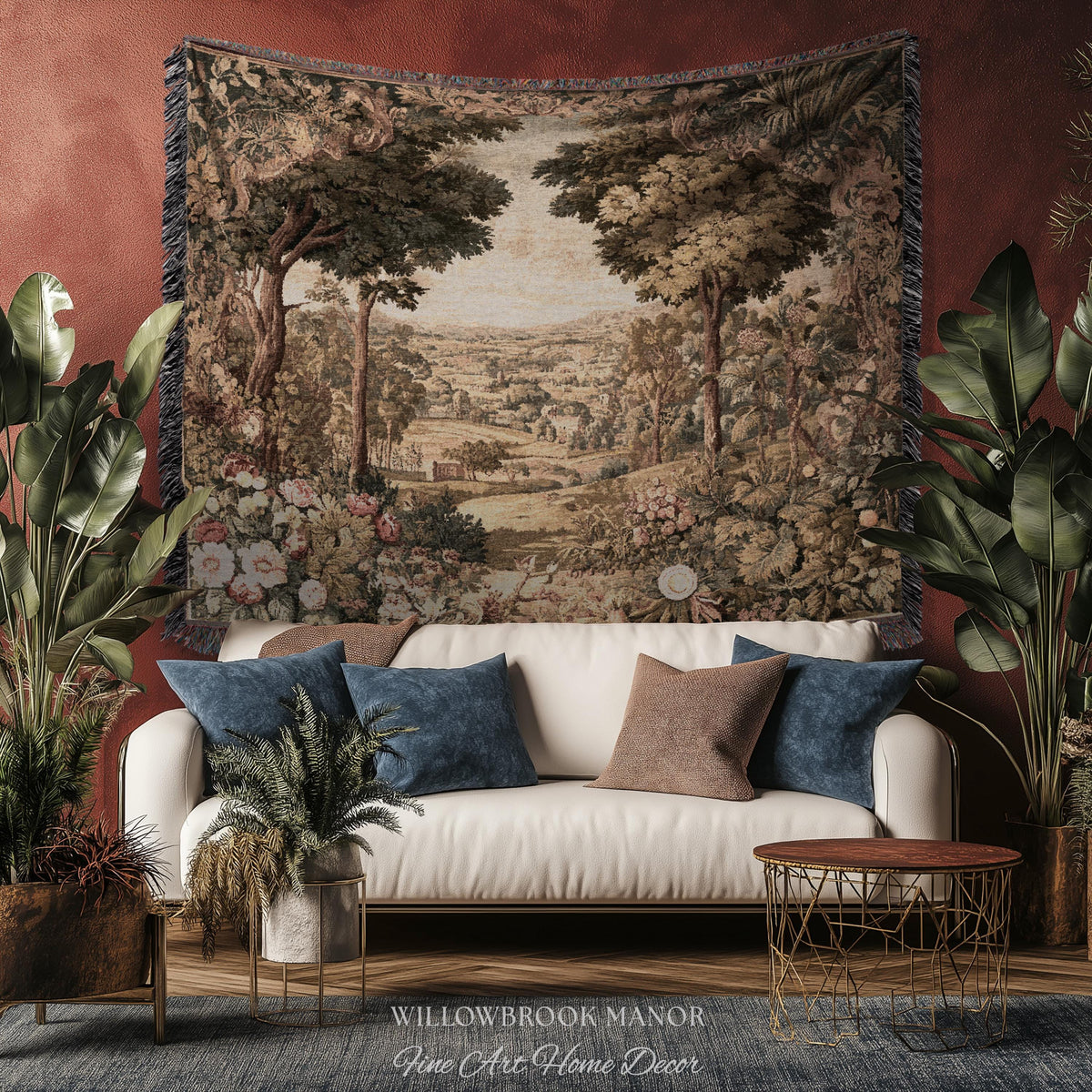 Traditional Romantic French Countryside Woven Tapestry Throw | European Art Timeless Heirloom Style Floral Meadow Landscape Classical Decor