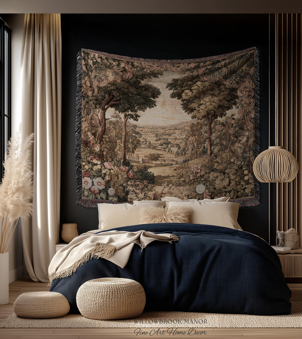 Traditional Romantic French Countryside Woven Tapestry Throw | European Art Timeless Heirloom Style Floral Meadow Landscape Classical Decor