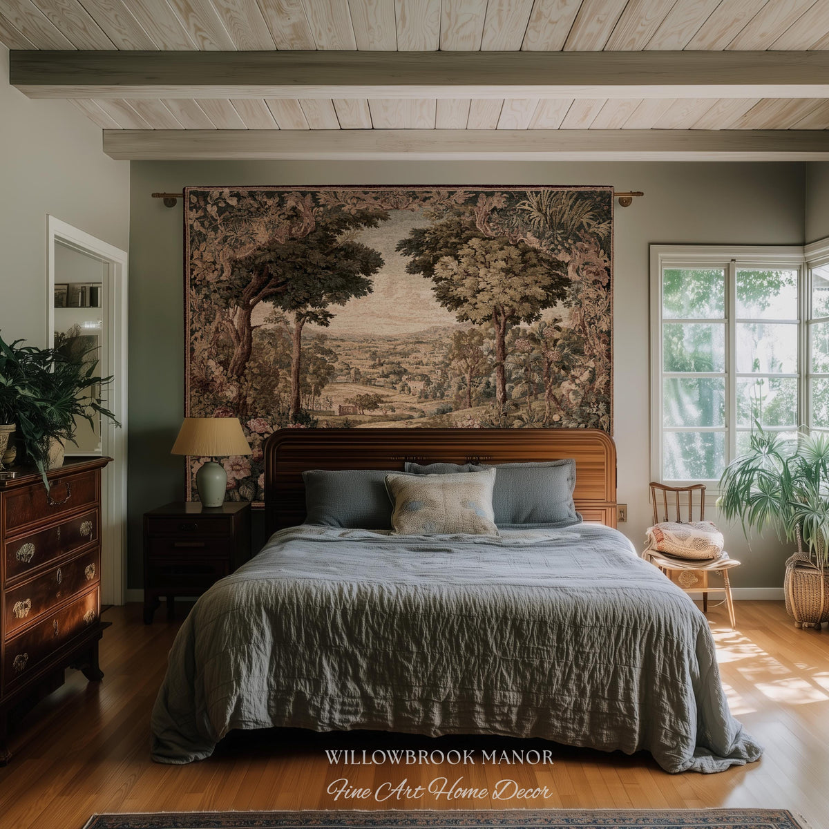 Traditional Romantic French Countryside Woven Tapestry Throw | European Art Timeless Heirloom Style Floral Meadow Landscape Classical Decor