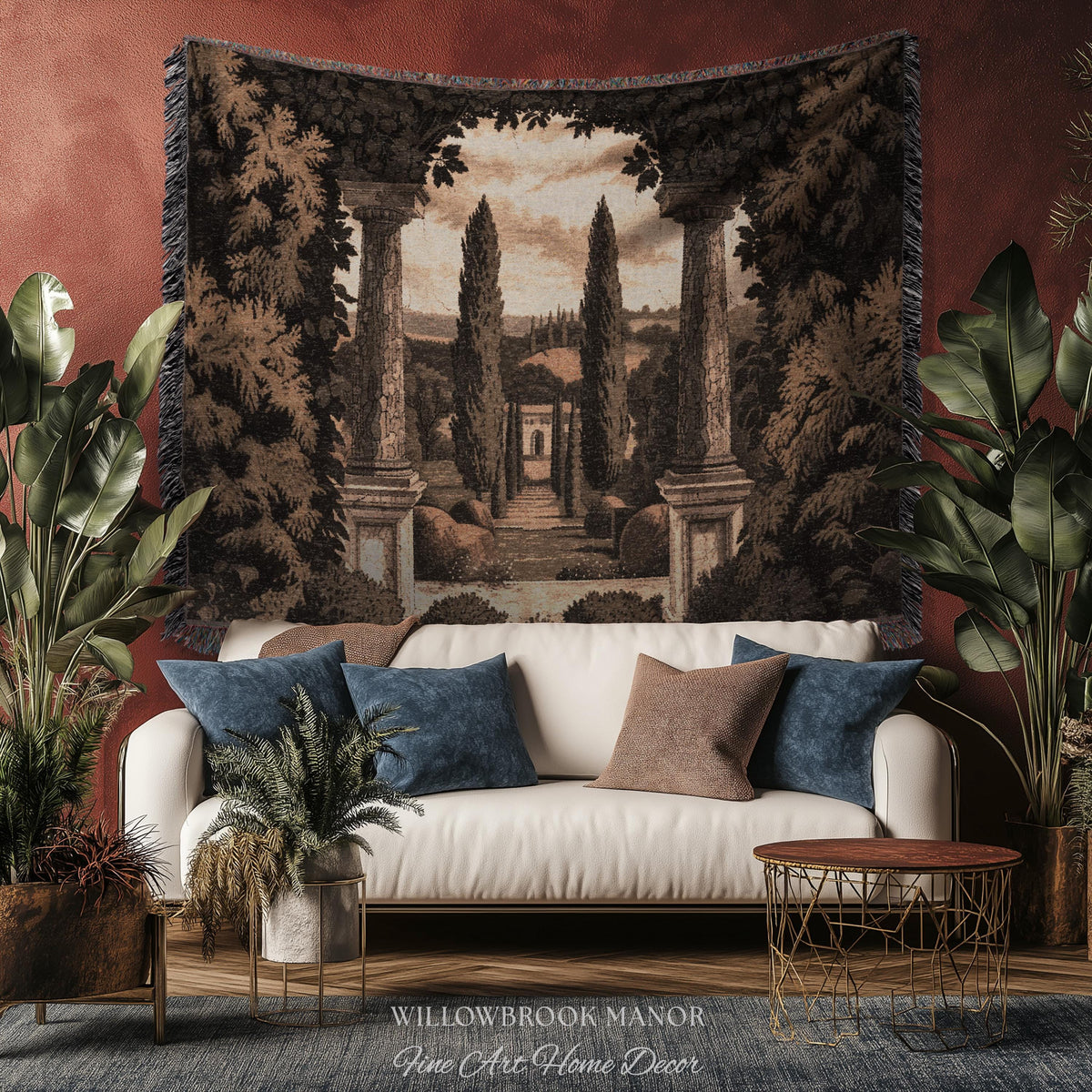 Tuscan Landscape Woven Decor Tapestry Headboard Italian Garden Terrace Art, Cypress Trees Classic Countryside Villa View Rustic Wall Hanging