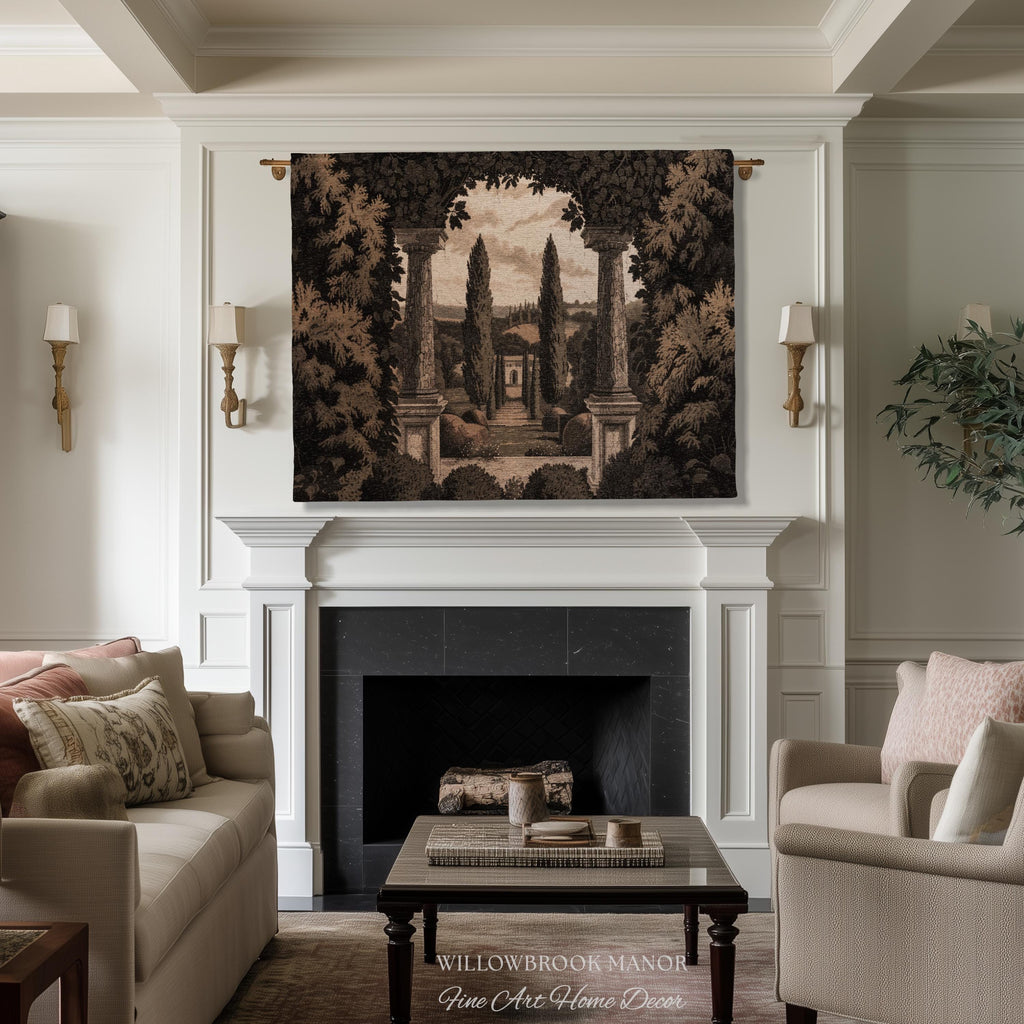 Tuscan Landscape Woven Decor Tapestry Headboard Italian Garden Terrace Art, Cypress Trees Classic Countryside Villa View Rustic Wall Hanging