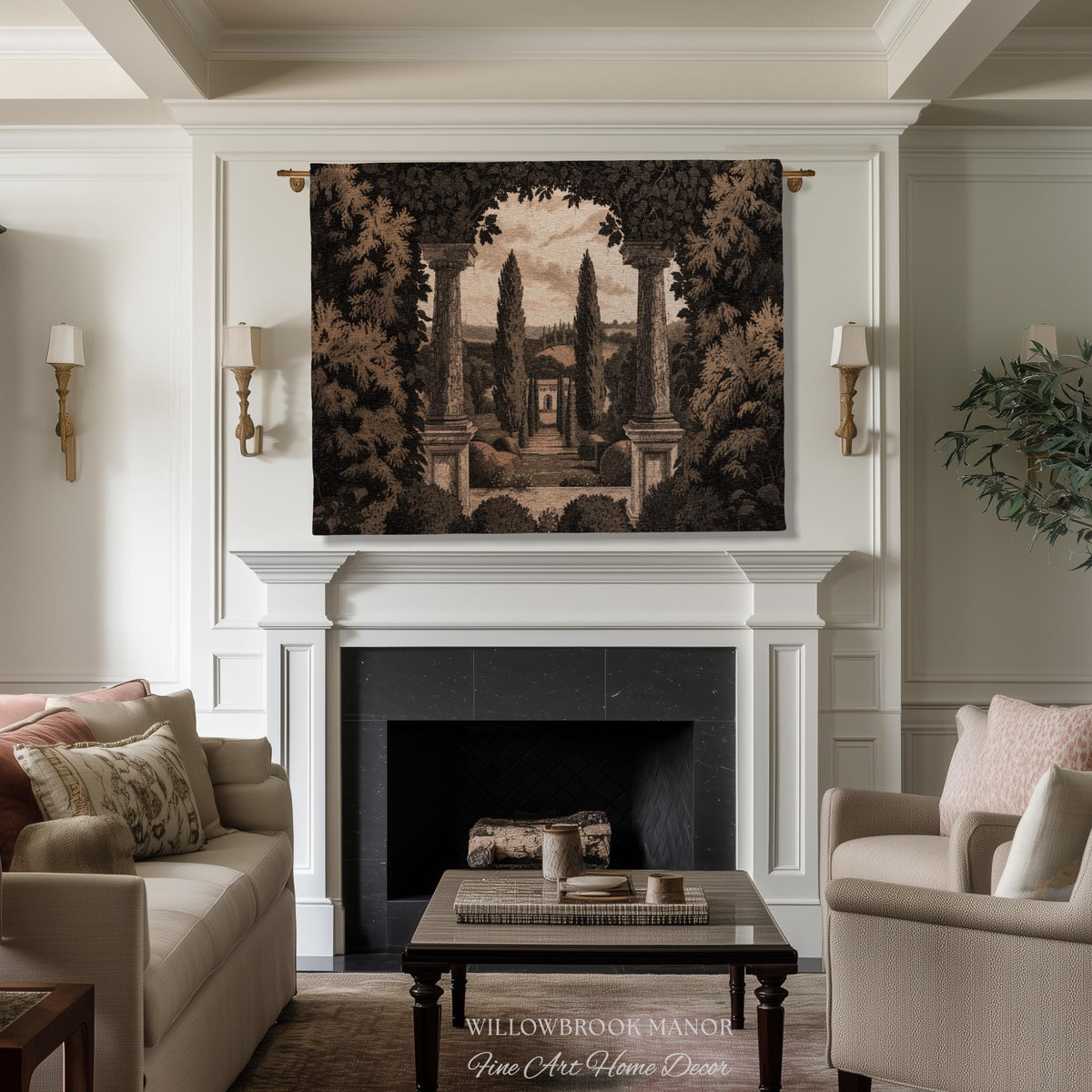 Tuscan Landscape Woven Decor Tapestry Headboard Italian Garden Terrace Art, Cypress Trees Classic Countryside Villa View Rustic Wall Hanging