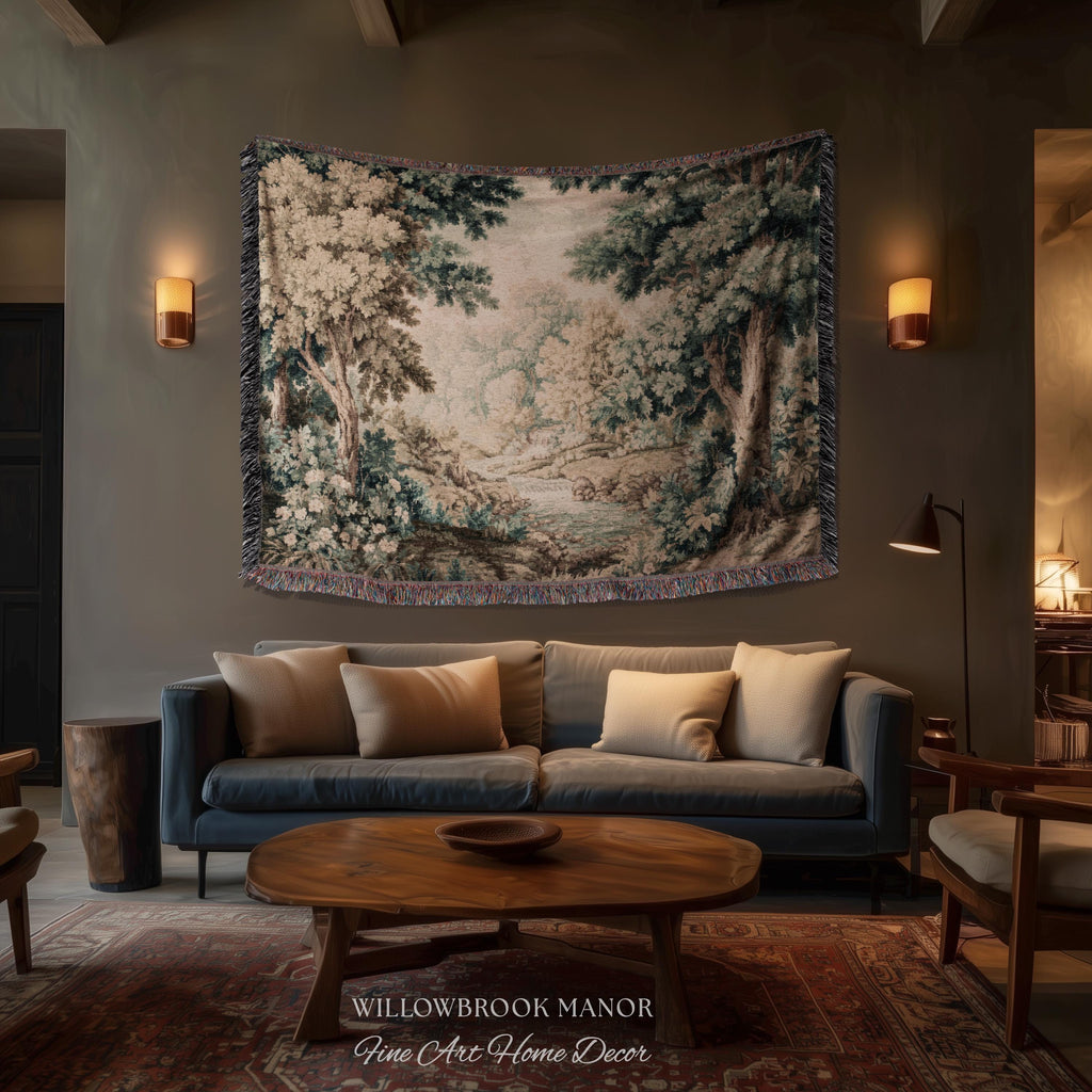 English Woodland Foggy Forest Woven Fringe Blanket Misty River Tapestry | European Wall Art Nature Scene Romantic Cottage Jacquard Throw