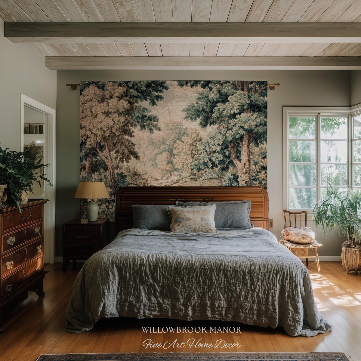 English Woodland Foggy Forest Woven Fringe Blanket Misty River Tapestry | European Wall Art Nature Scene Romantic Cottage Jacquard Throw
