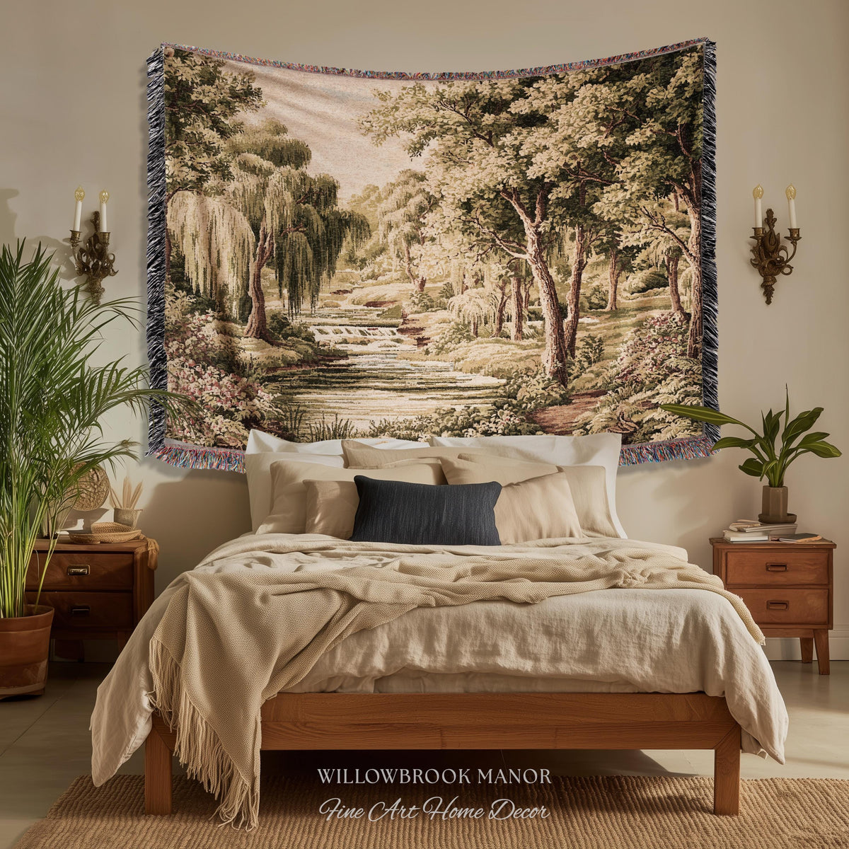 Tranquil Landscape Pastoral French Country Style Weeping Willow River Verdure Wall Decor | Serene Countryside European Tapestry Woven Throw