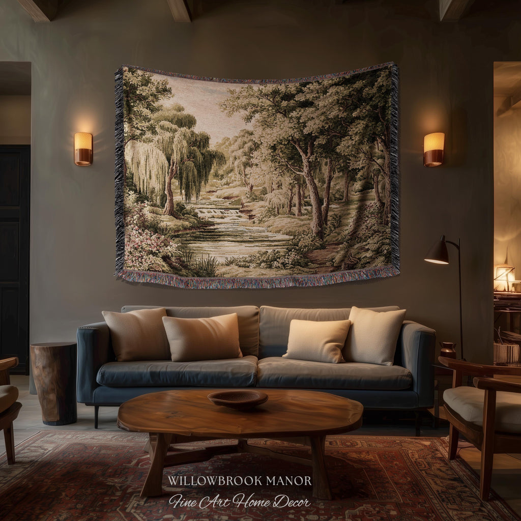 Tranquil Landscape Pastoral French Country Style Weeping Willow River Verdure Wall Decor | Serene Countryside European Tapestry Woven Throw
