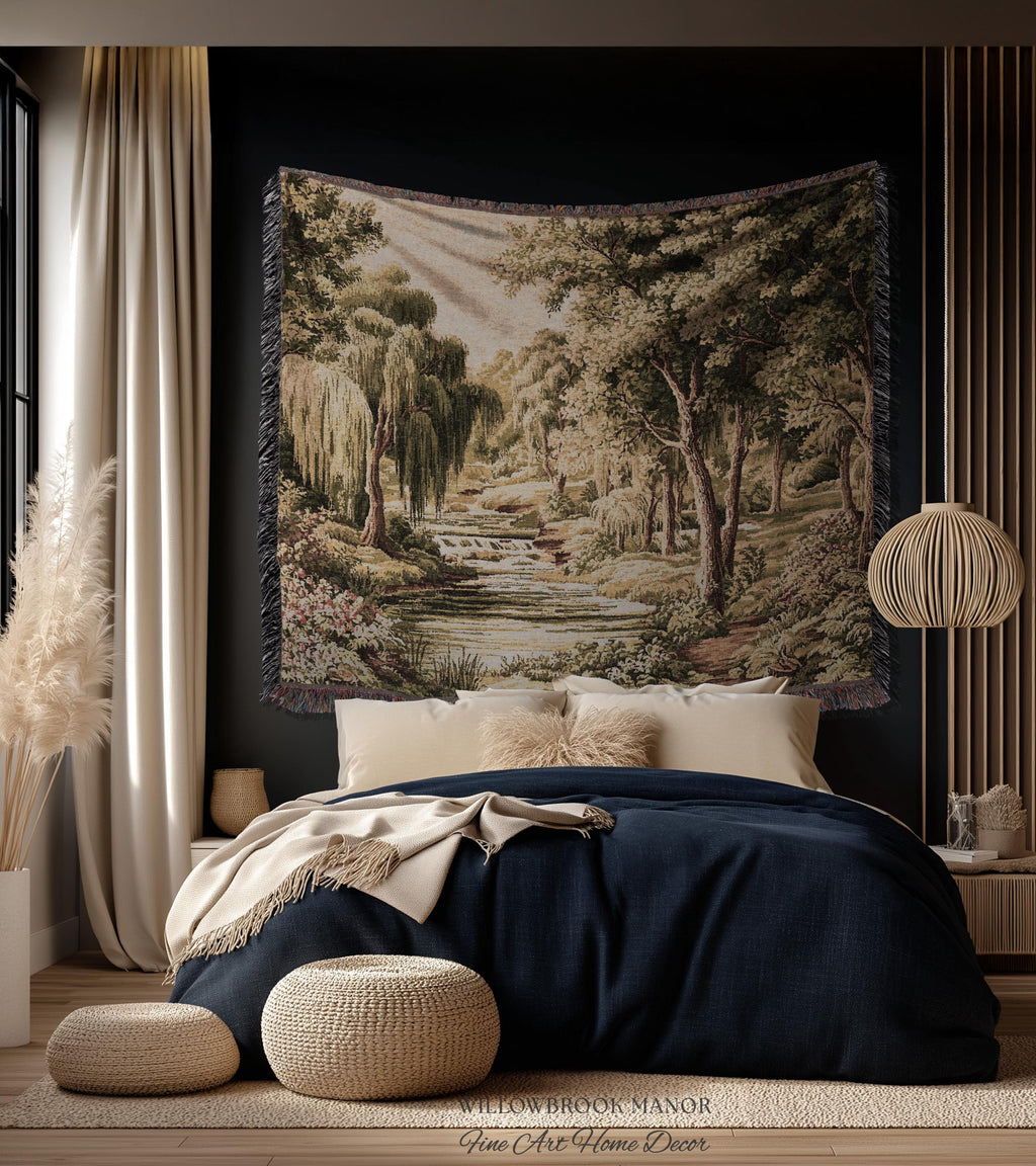 Tranquil Landscape Pastoral French Country Style Weeping Willow River Verdure Wall Decor | Serene Countryside European Tapestry Woven Throw