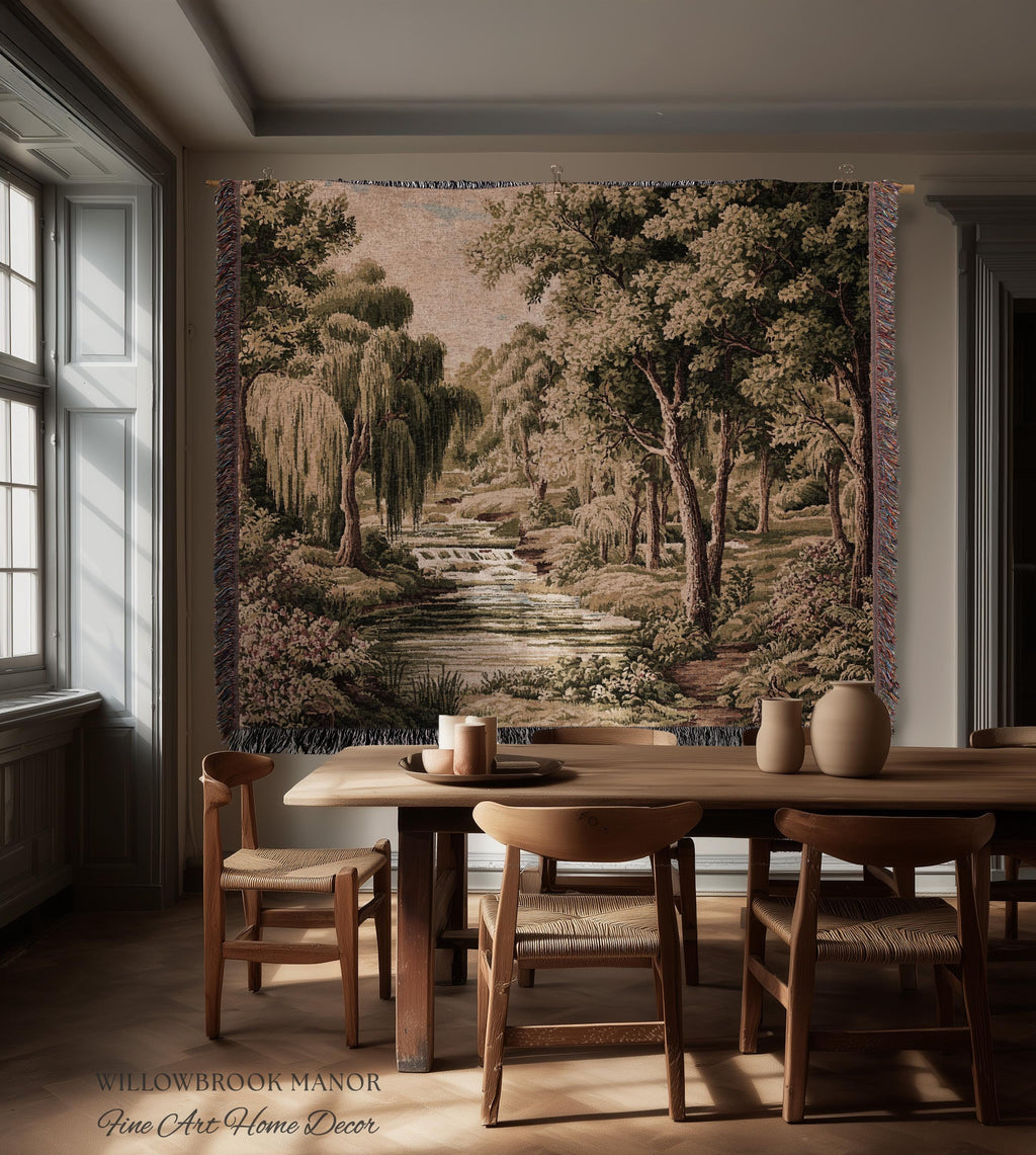 Tranquil Landscape Pastoral French Country Style Weeping Willow River Verdure Wall Decor | Serene Countryside European Tapestry Woven Throw