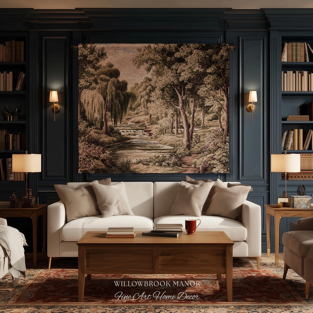 Tranquil Landscape Pastoral French Country Style Weeping Willow River Verdure Wall Decor | Serene Countryside European Tapestry Woven Throw
