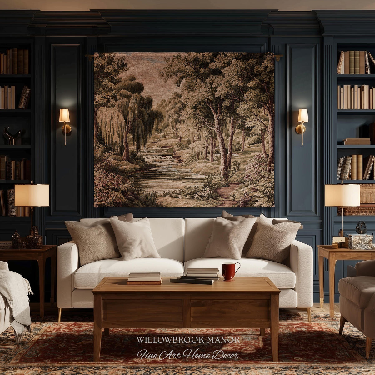 Tranquil Landscape Pastoral French Country Style Weeping Willow River Verdure Wall Decor | Serene Countryside European Tapestry Woven Throw