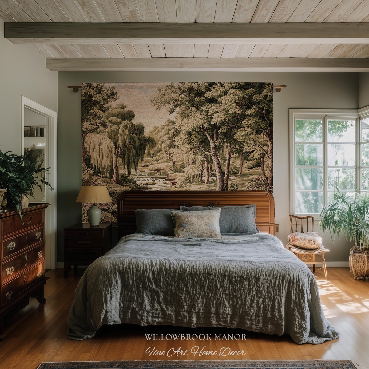 Tranquil Landscape Pastoral French Country Style Weeping Willow River Verdure Wall Decor | Serene Countryside European Tapestry Woven Throw