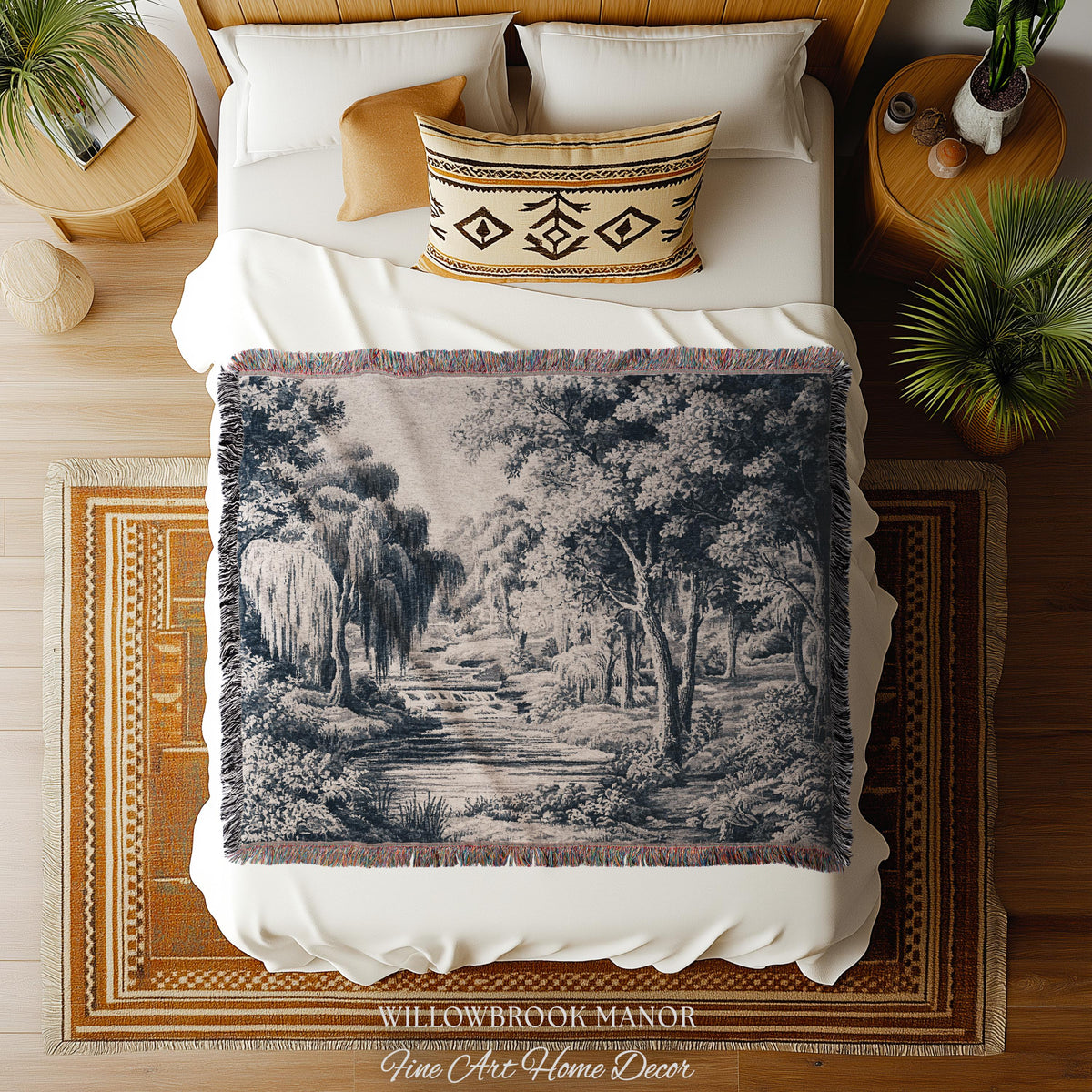 Refined European Willow Landscape Art | Traditional Verdure French Toile Style Jacquard Woven Blanket Heritage Wall Hanging Indigo Tapestry