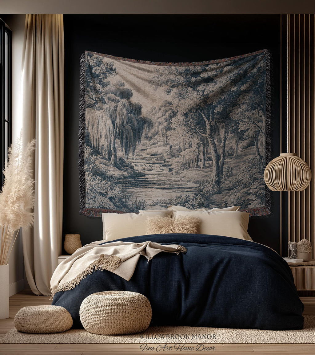 Refined European Willow Landscape Art | Traditional Verdure French Toile Style Jacquard Woven Blanket Heritage Wall Hanging Indigo Tapestry