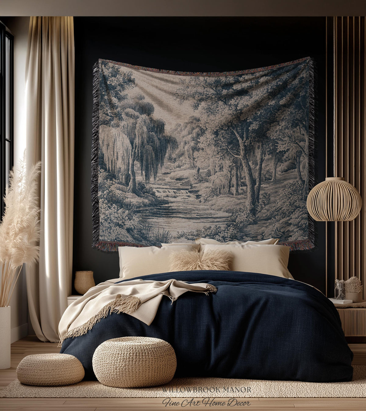 Refined European Willow Landscape Art | Traditional Verdure French Toile Style Jacquard Woven Blanket Heritage Wall Hanging Indigo Tapestry