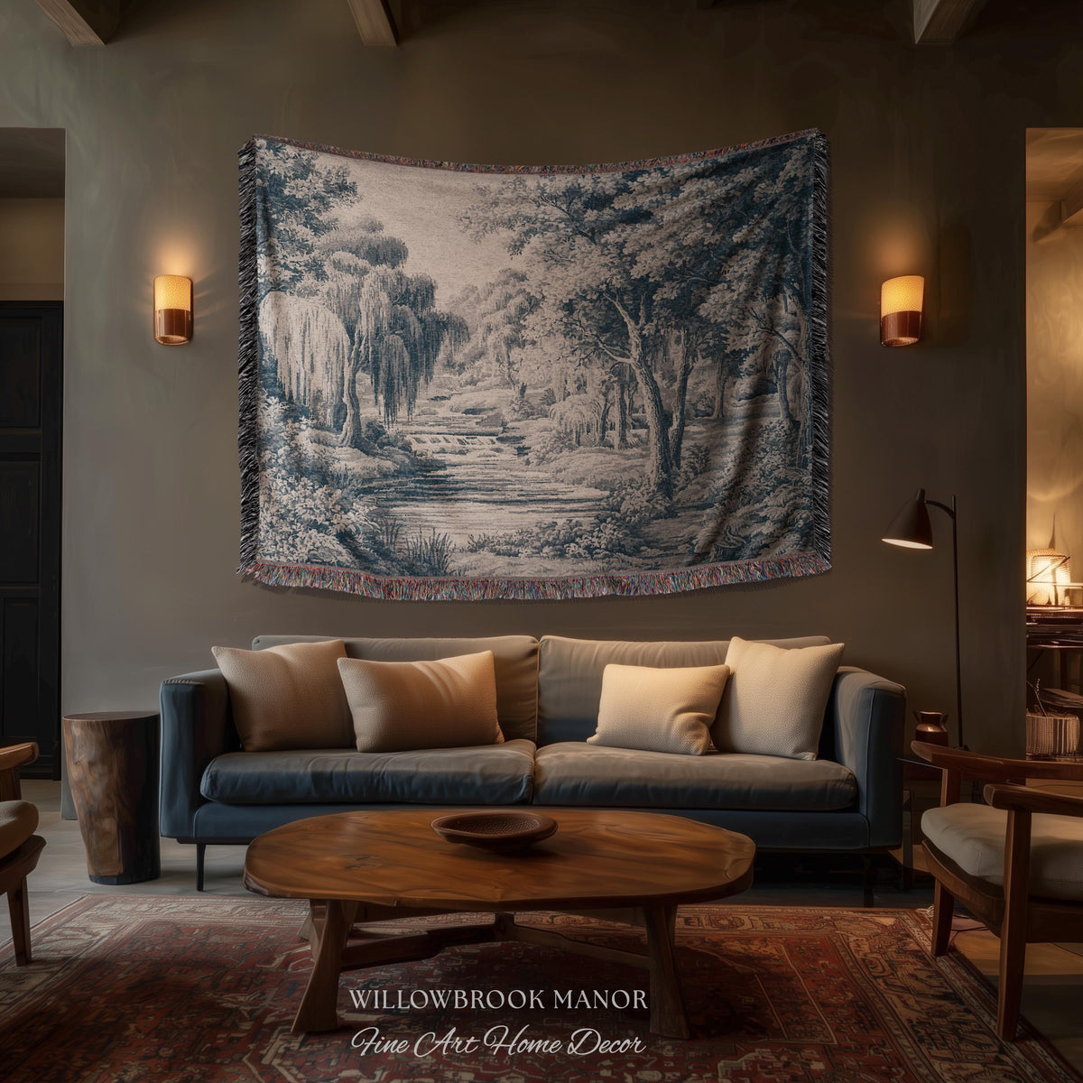 Refined European Willow Landscape Art | Traditional Verdure French Toile Style Jacquard Woven Blanket Heritage Wall Hanging Indigo Tapestry