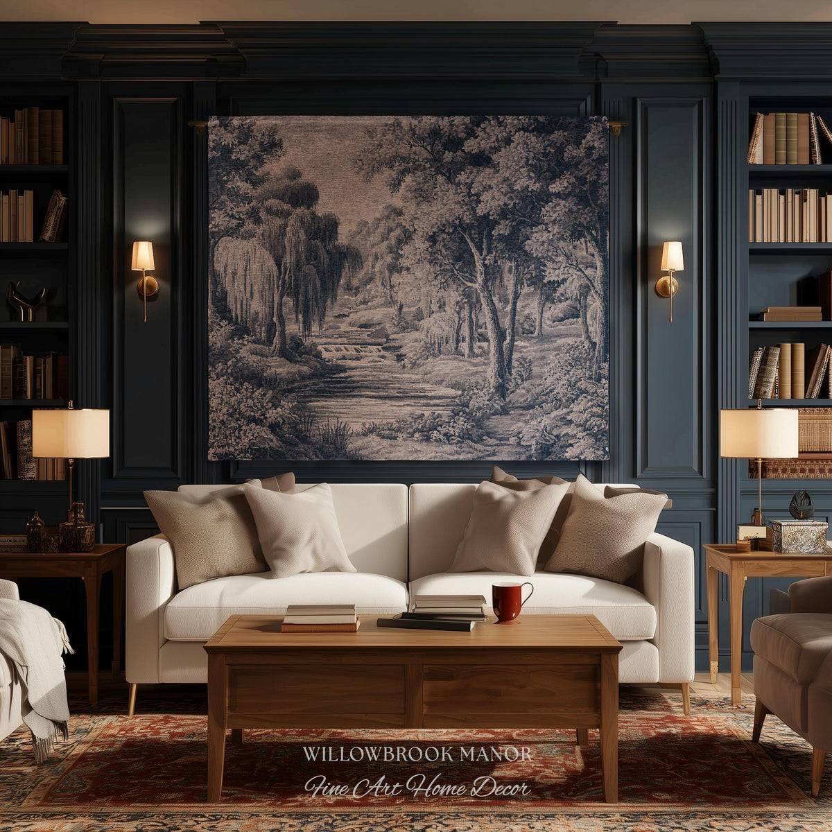 Refined European Willow Landscape Art | Traditional Verdure French Toile Style Jacquard Woven Blanket Heritage Wall Hanging Indigo Tapestry