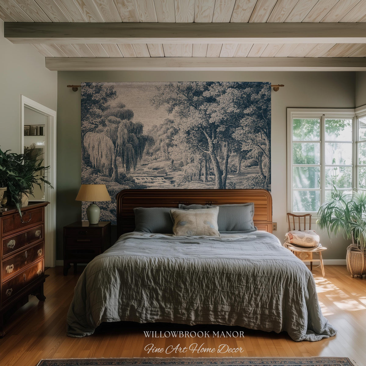 Refined European Willow Landscape Art | Traditional Verdure French Toile Style Jacquard Woven Blanket Heritage Wall Hanging Indigo Tapestry