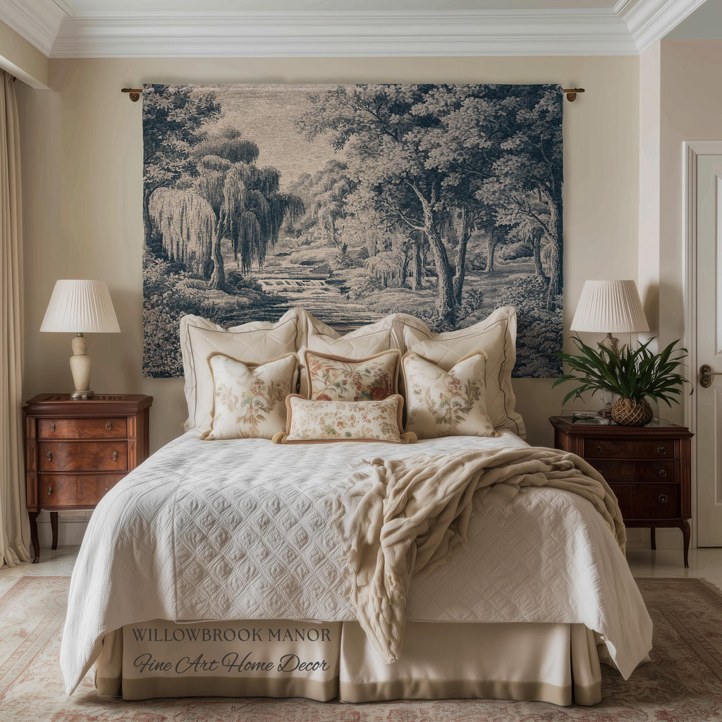 Refined European Willow Landscape Art | Traditional Verdure French Toile Style Jacquard Woven Blanket Heritage Wall Hanging Indigo Tapestry
