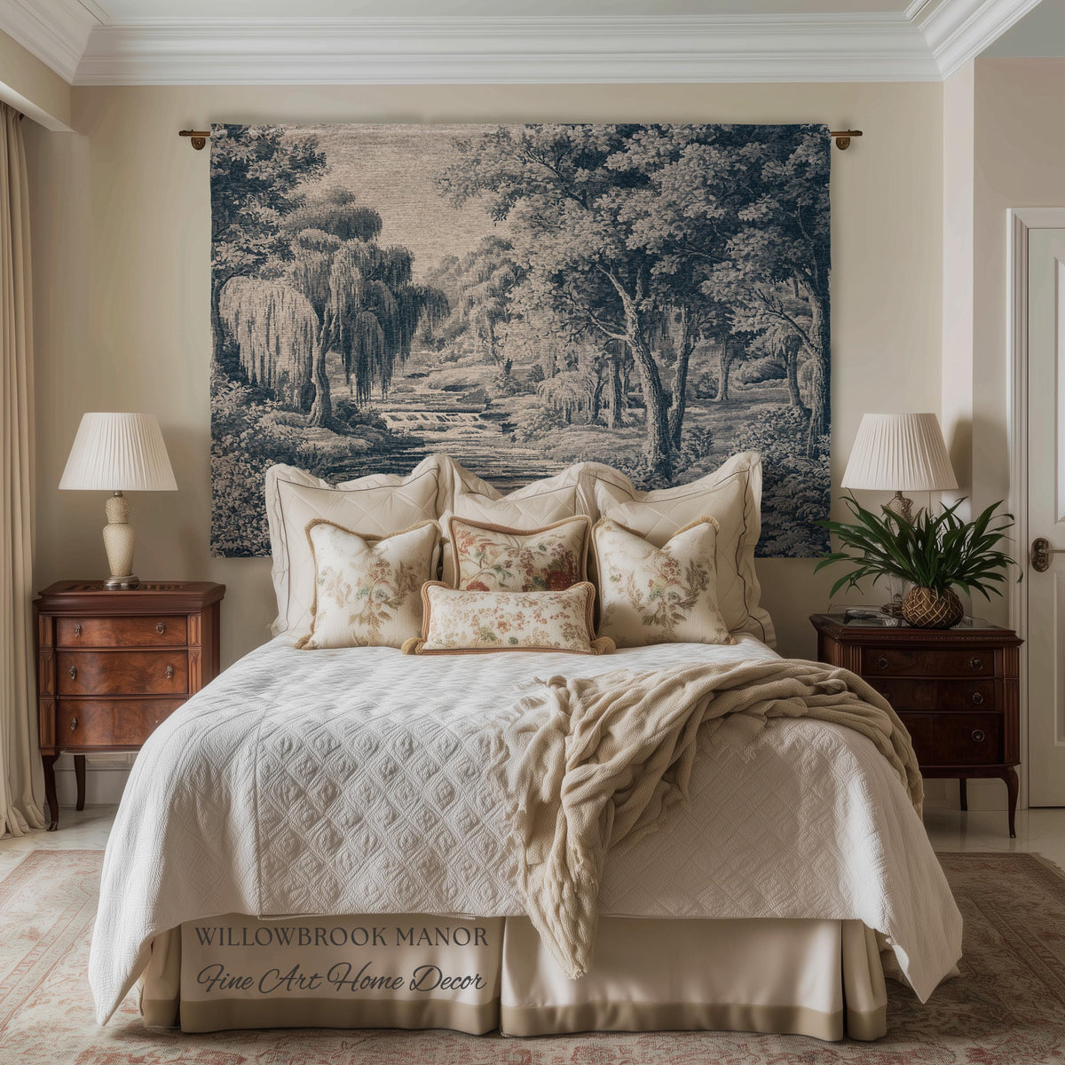 Refined European Willow Landscape Art | Traditional Verdure French Toile Style Jacquard Woven Blanket Heritage Wall Hanging Indigo Tapestry