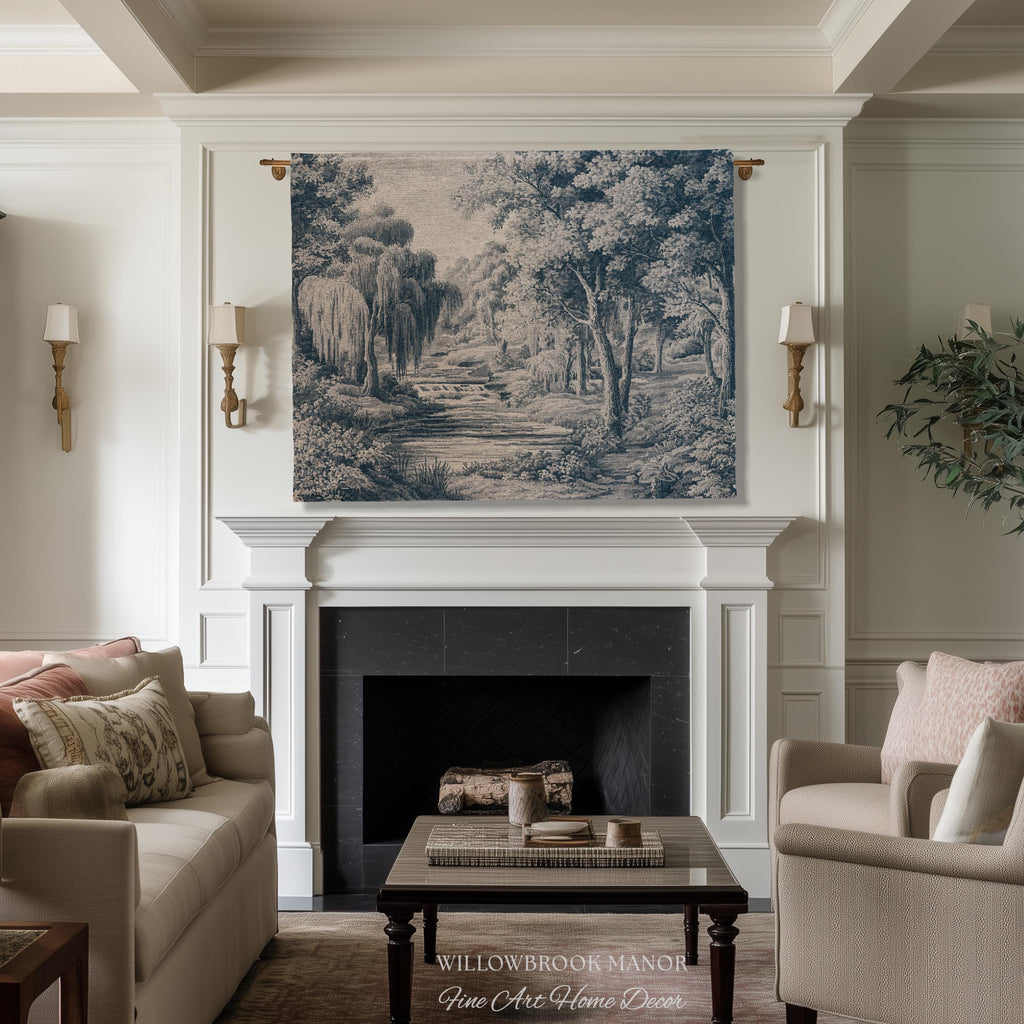Refined European Willow Landscape Art | Traditional Verdure French Toile Style Jacquard Woven Blanket Heritage Wall Hanging Indigo Tapestry