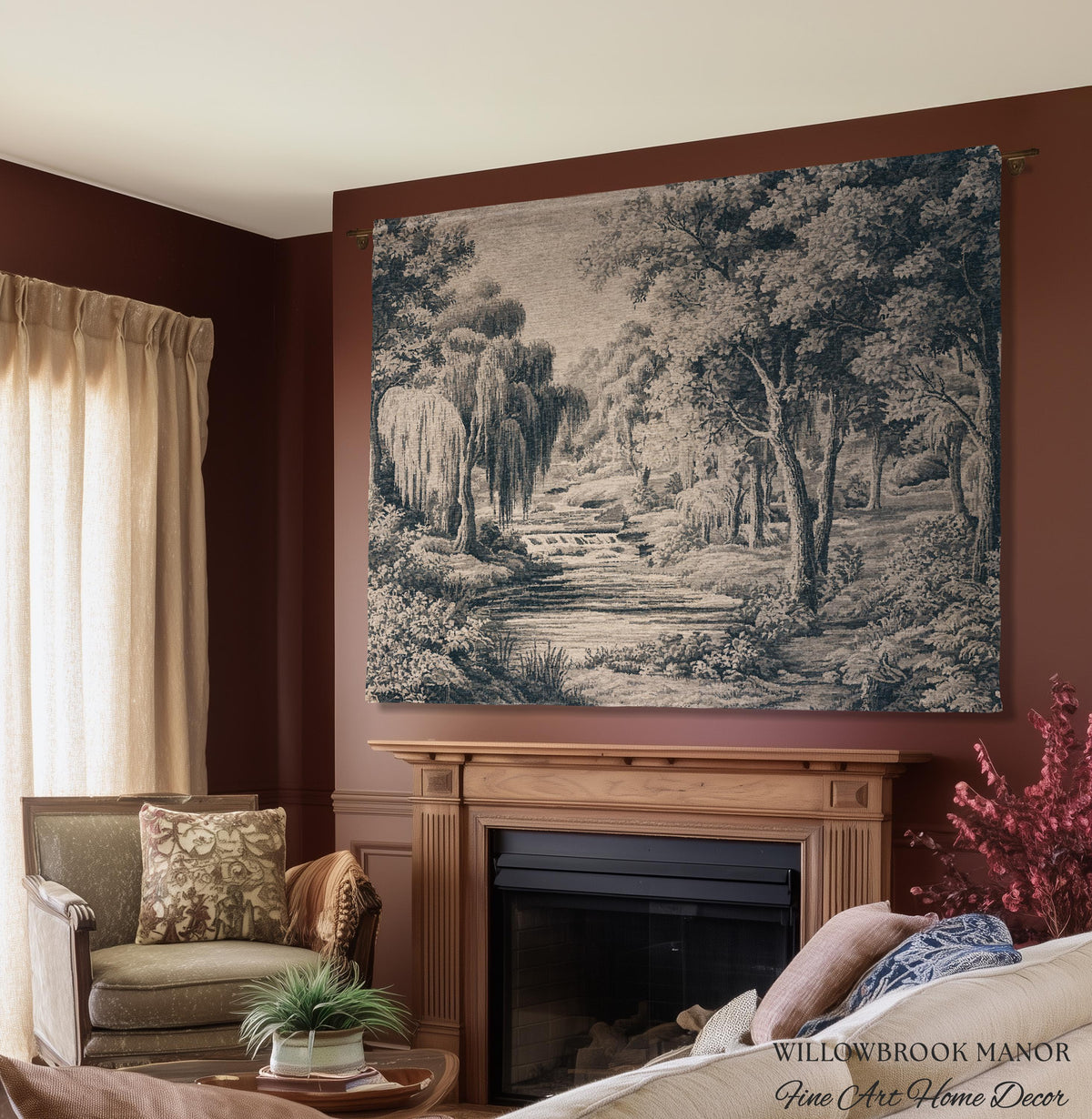 Refined European Willow Landscape Art | Traditional Verdure French Toile Style Jacquard Woven Blanket Heritage Wall Hanging Indigo Tapestry