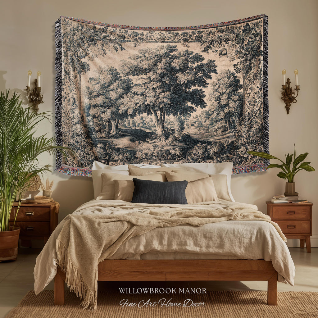 Muted Blue Verdure Woodland Forest Woven Wall Hanging | 17th Century French Country Decor Elegant Nature Art Tree Tapestry Old World Style