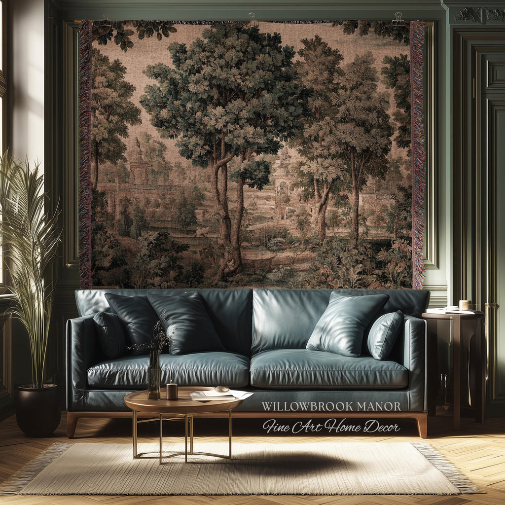 Scenic Countryside Manor English Garden Art Woven Tapestry | Estate Landscape Woodland Charm Old World European Pastoral Heritage Textile