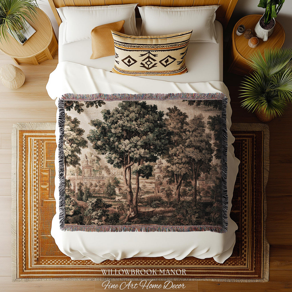 Scenic Countryside Manor English Garden Art Woven Tapestry | Estate Landscape Woodland Charm Old World European Pastoral Heritage Textile