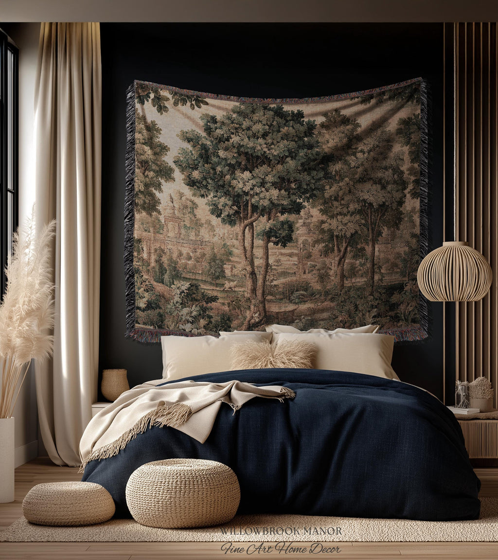 Scenic Countryside Manor English Garden Art Woven Tapestry | Estate Landscape Woodland Charm Old World European Pastoral Heritage Textile