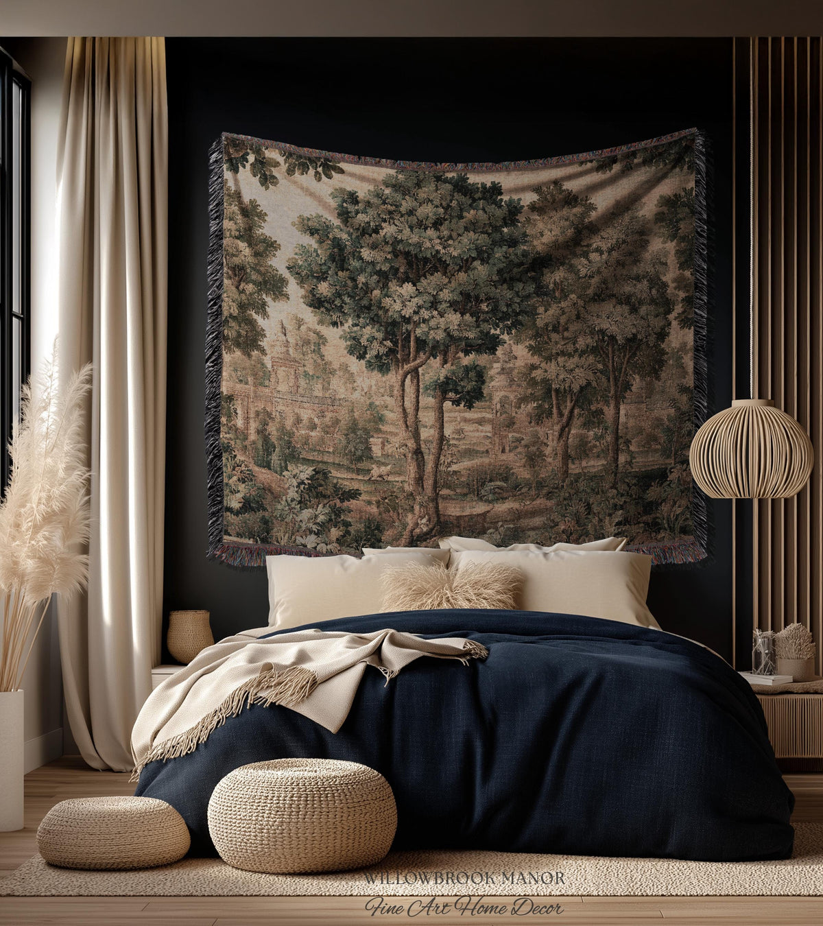 Scenic Countryside Manor English Garden Art Woven Tapestry | Estate Landscape Woodland Charm Old World European Pastoral Heritage Textile