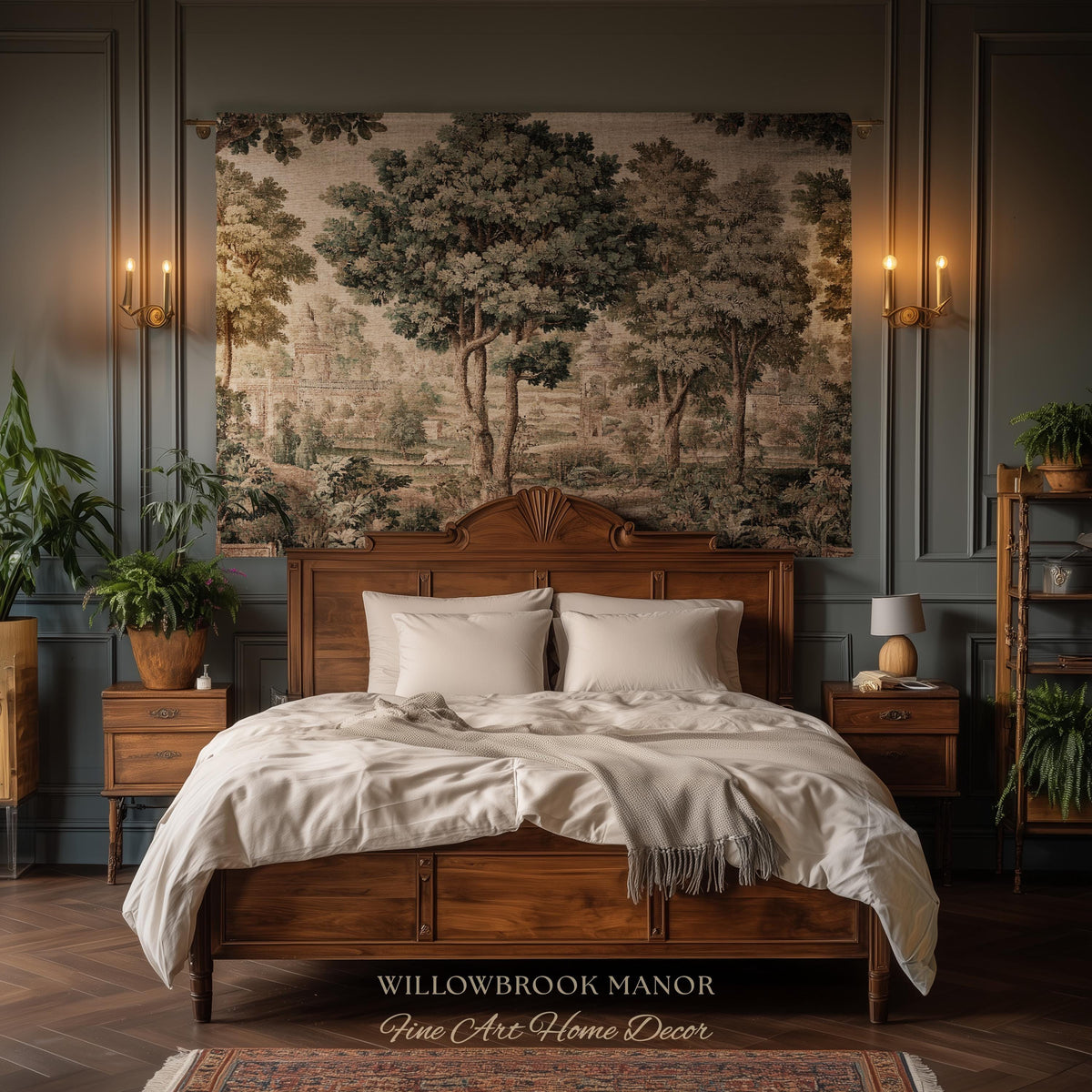 Scenic Countryside Manor English Garden Art Woven Tapestry | Estate Landscape Woodland Charm Old World European Pastoral Heritage Textile