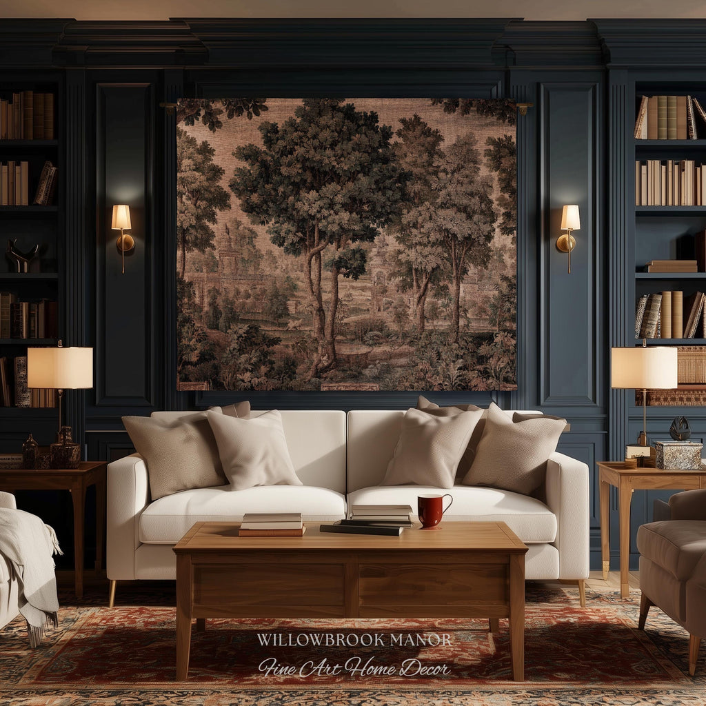 Scenic Countryside Manor English Garden Art Woven Tapestry | Estate Landscape Woodland Charm Old World European Pastoral Heritage Textile