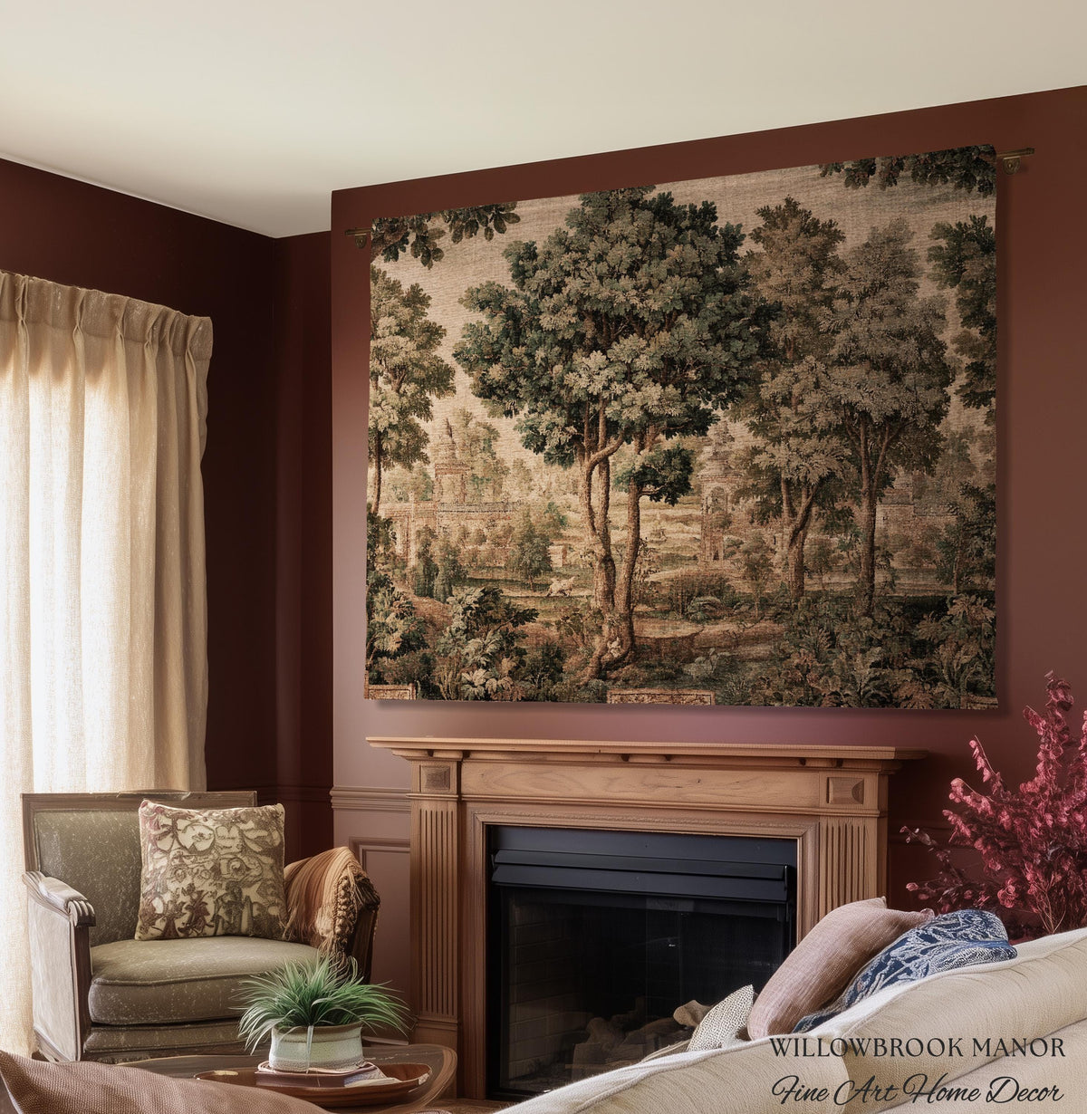 Scenic Countryside Manor English Garden Art Woven Tapestry | Estate Landscape Woodland Charm Old World European Pastoral Heritage Textile