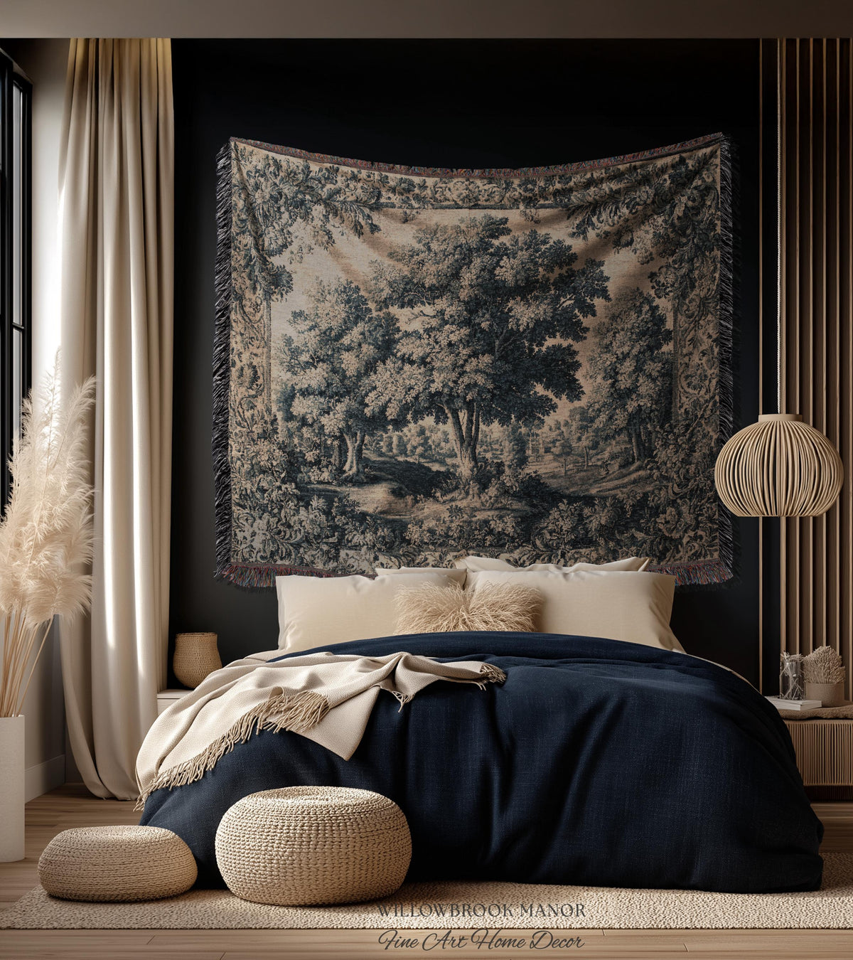Muted Blue Verdure Woodland Forest Woven Wall Hanging | 17th Century French Country Decor Elegant Nature Art Tree Tapestry Old World Style