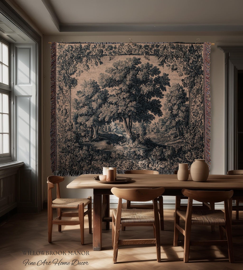 Muted Blue Verdure Woodland Forest Woven Wall Hanging | 17th Century French Country Decor Elegant Nature Art Tree Tapestry Old World Style