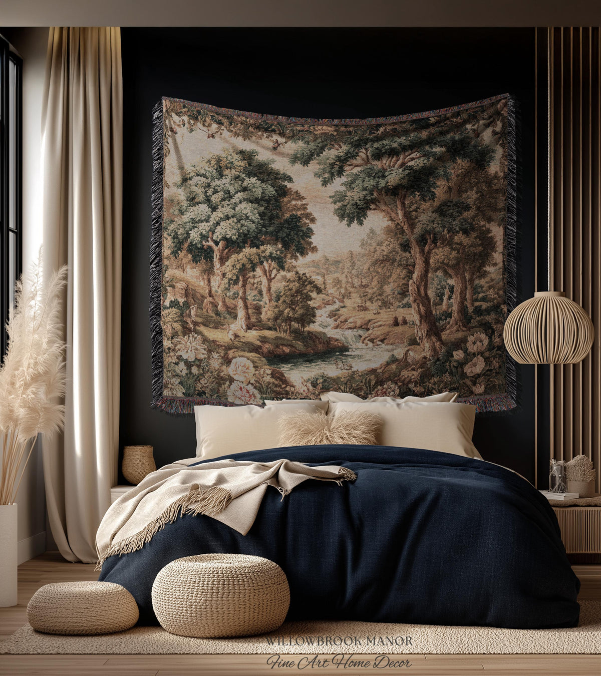 Pastoral Tapestry Scenic Countryside Verdure Aubusson Woven Textile Art | Woodland Whimsy Forest River Wall Art Romantic Landscape Decor