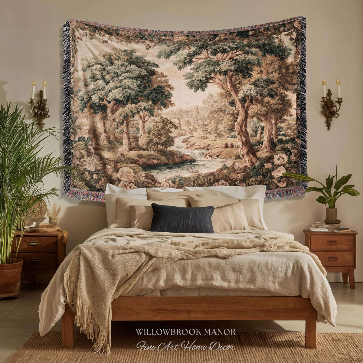 Pastoral Tapestry Scenic Countryside Verdure Aubusson Woven Textile Art | Woodland Whimsy Forest River Wall Art Romantic Landscape Decor