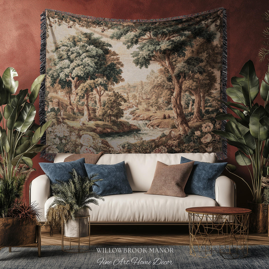 Pastoral Tapestry Scenic Countryside Verdure Aubusson Woven Textile Art | Woodland Whimsy Forest River Wall Art Romantic Landscape Decor