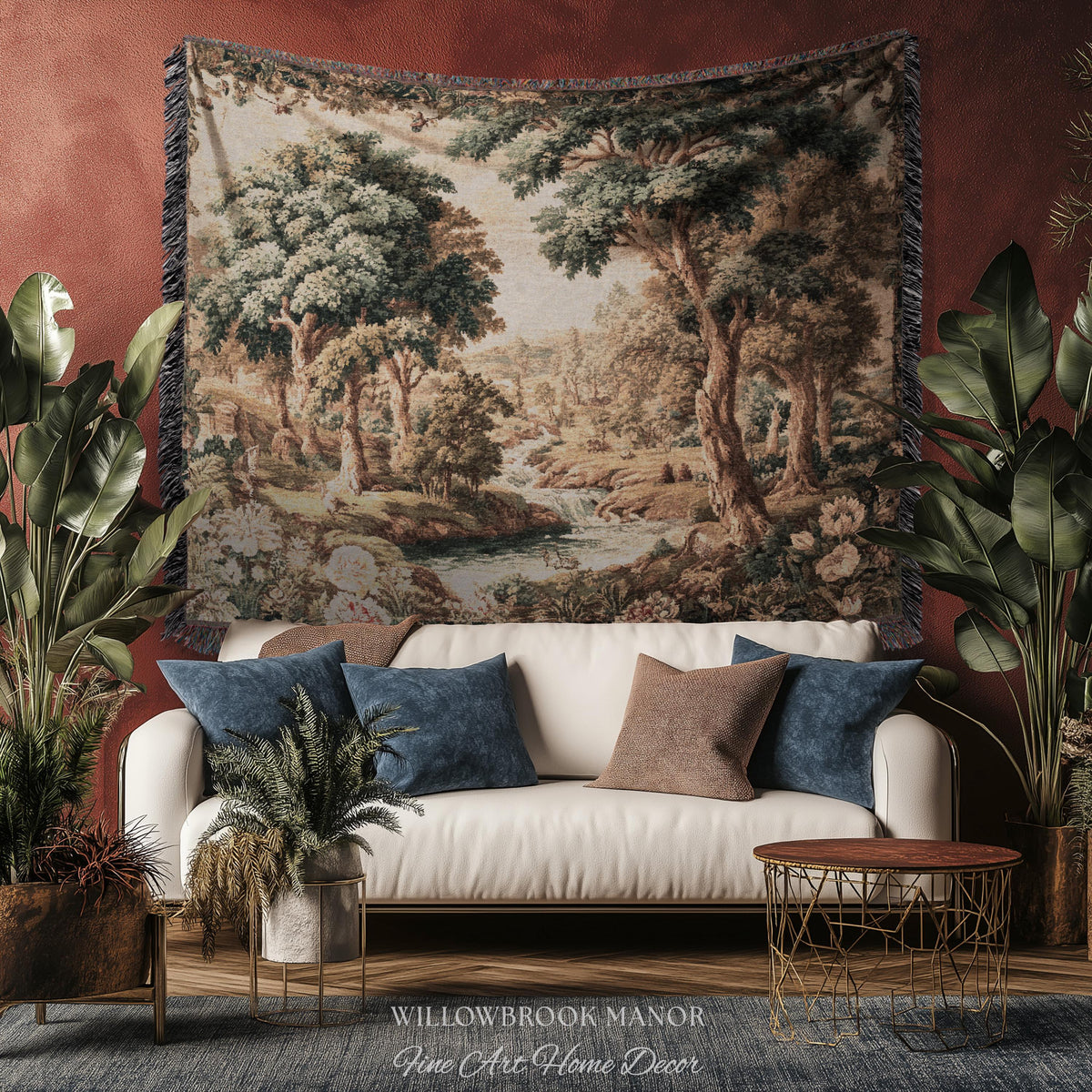 Pastoral Tapestry Scenic Countryside Verdure Aubusson Woven Textile Art | Woodland Whimsy Forest River Wall Art Romantic Landscape Decor
