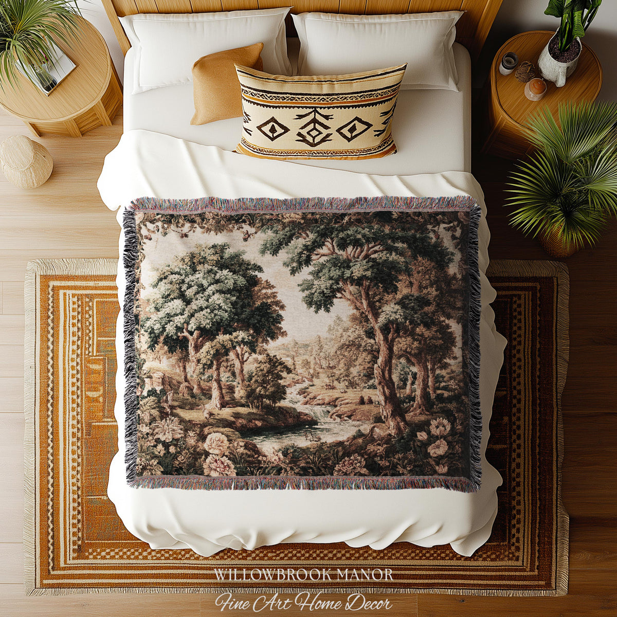 Pastoral Tapestry Scenic Countryside Verdure Aubusson Woven Textile Art | Woodland Whimsy Forest River Wall Art Romantic Landscape Decor
