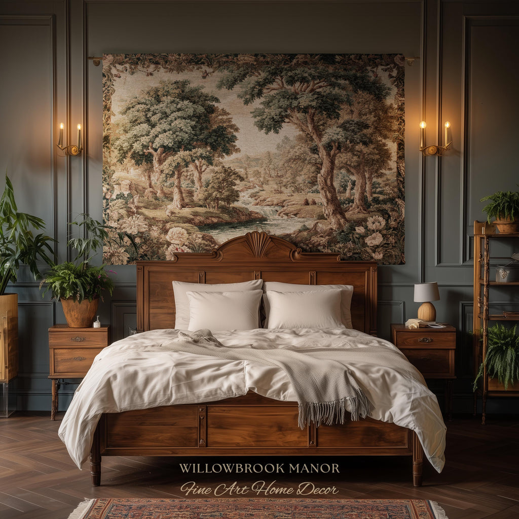 Pastoral Tapestry Scenic Countryside Verdure Aubusson Woven Textile Art | Woodland Whimsy Forest River Wall Art Romantic Landscape Decor