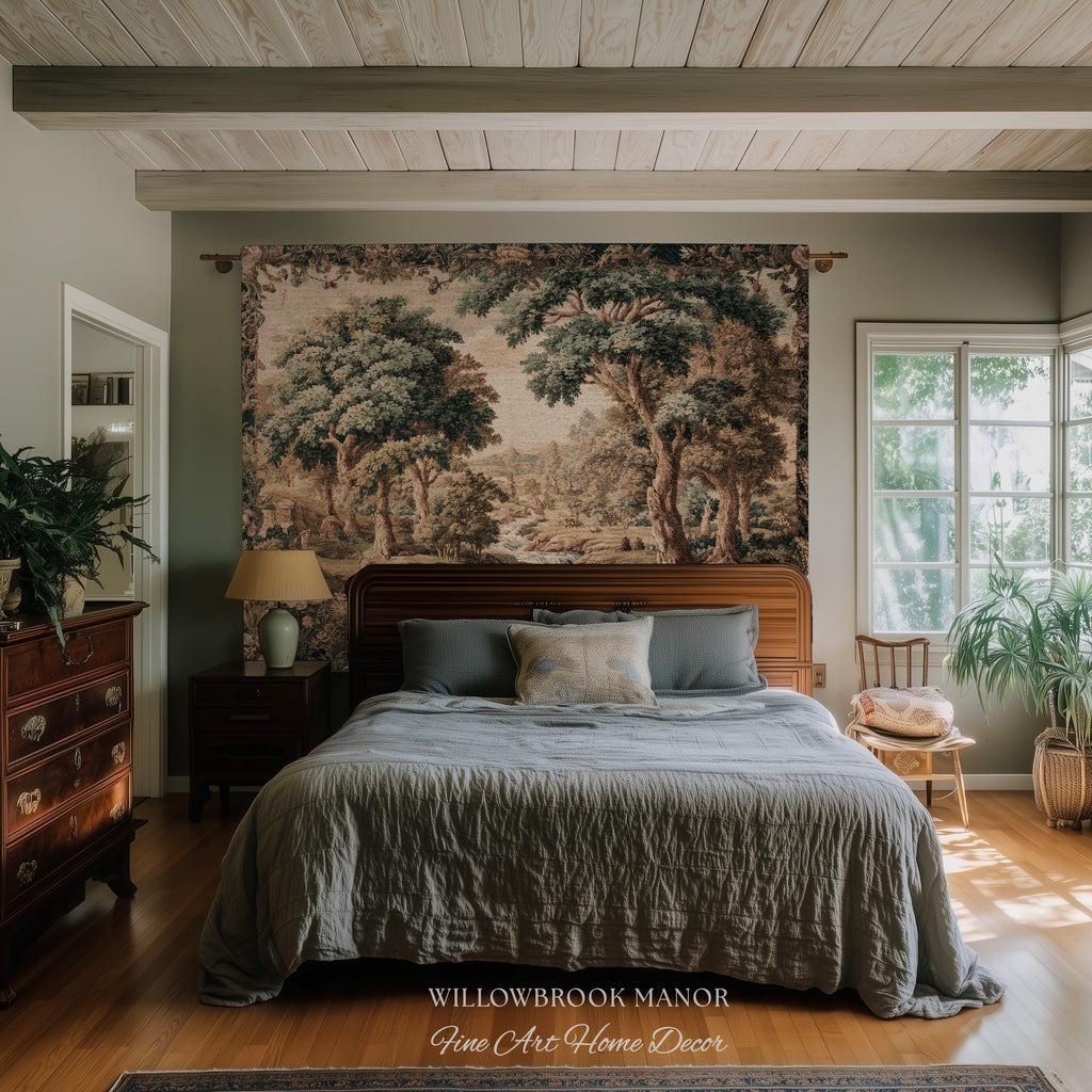 Pastoral Tapestry Scenic Countryside Verdure Aubusson Woven Textile Art | Woodland Whimsy Forest River Wall Art Romantic Landscape Decor