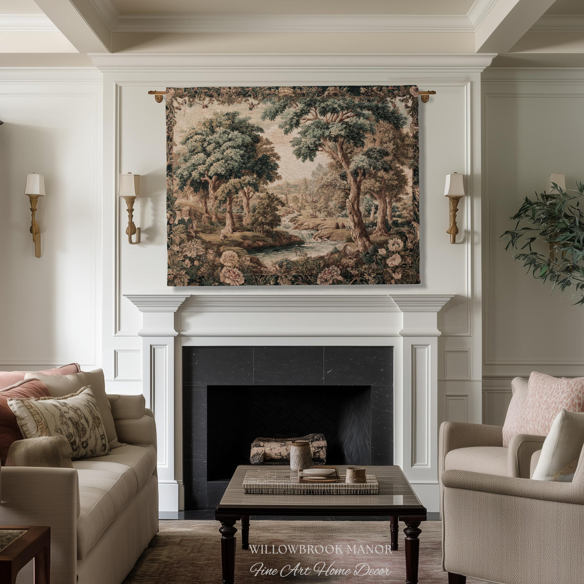 Pastoral Tapestry Scenic Countryside Verdure Aubusson Woven Textile Art | Woodland Whimsy Forest River Wall Art Romantic Landscape Decor