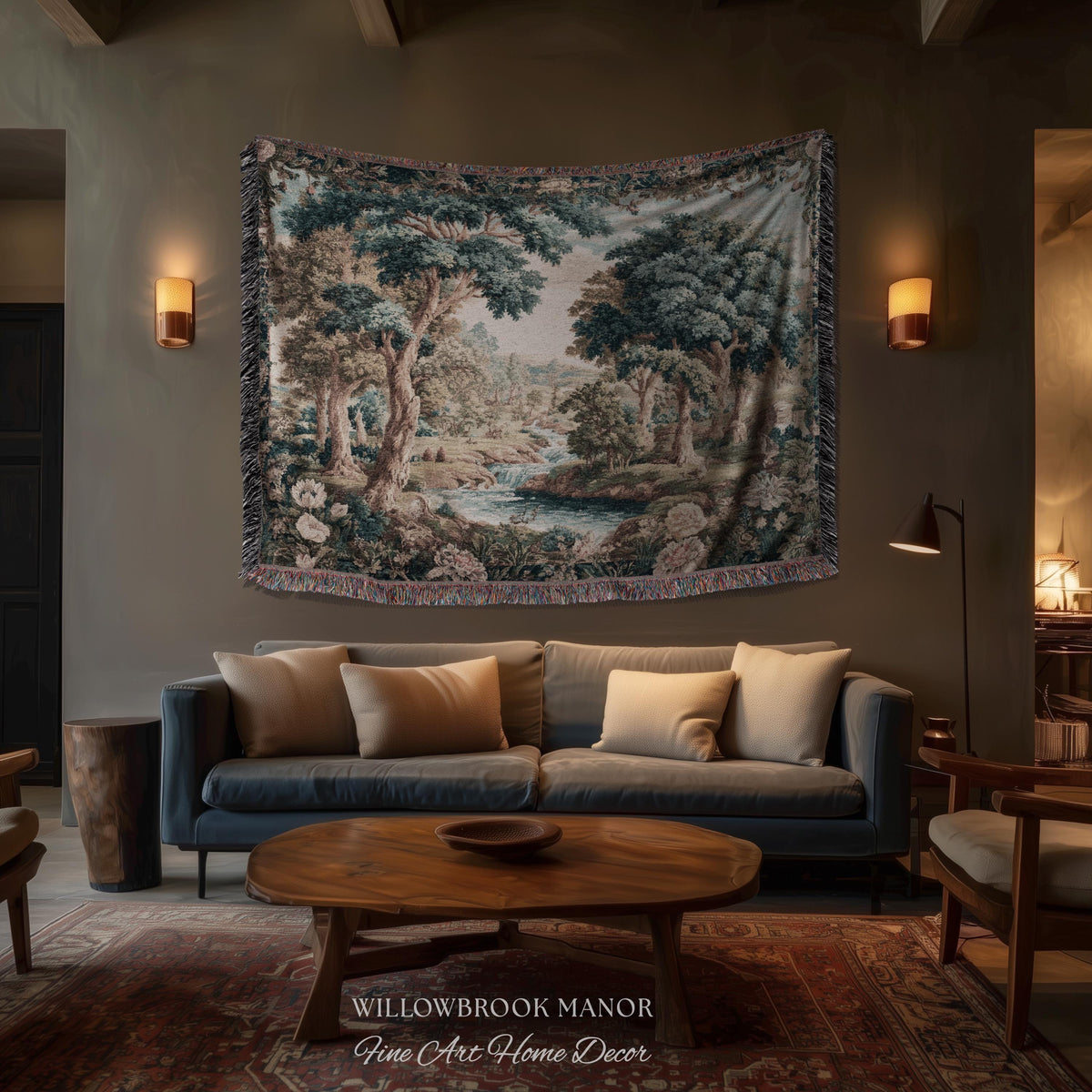 Classical European French Pastoral Scenery Aubusson Verdure Woven Tapestry Art | Floral Forest River Valley Landscape Antique Style Decor